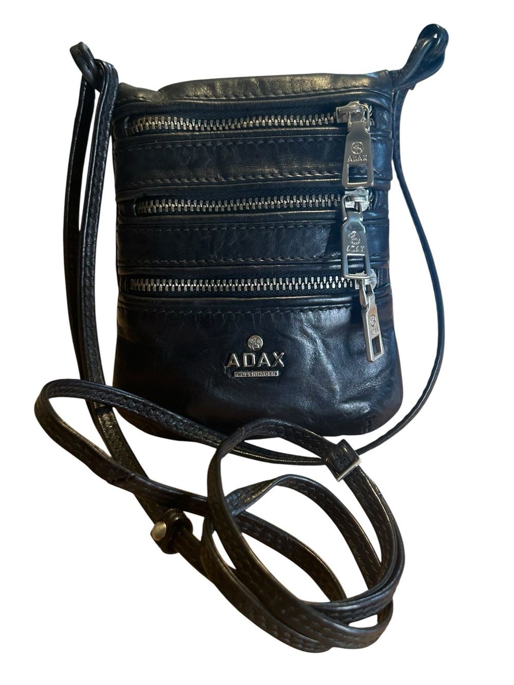 Adax Copenhagen Black Leather Crossbody Silver Three Pockets Adjustable Strap